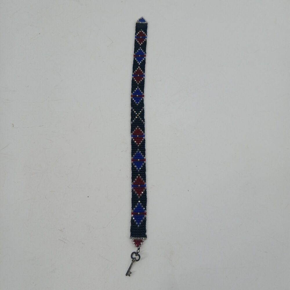 Vintage Skeleton Key Beaded Strap Keychain Southwestern Geometric Keyring